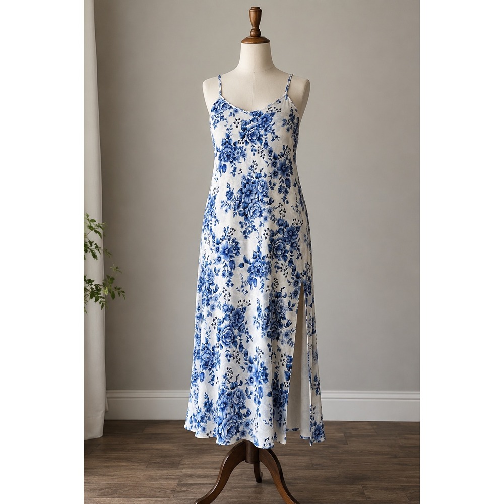 Vintage Victorias Secret Blue Rose Floral Slip Dress M Midi Side Slit Y2K‎ Fairy